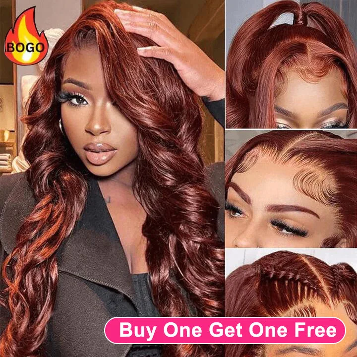 real person hair ring groomsman twist-Tuneful Auburn Brown #33 Colored 13x4 Lace Front Human Hair Body Wave Wigs Bogo Deal