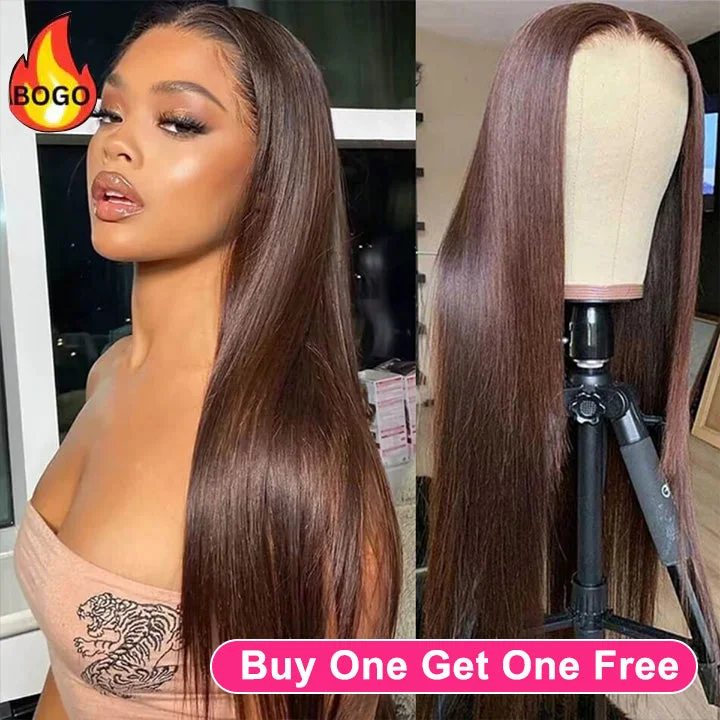 real person hair ring couple craft-Tuneful Chocolate Brown #4 Colored 13x4 Lace Front Human Hair Straight Wigs Bogo Deal