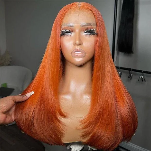 real person hair ring reward twist-Tuneful Ginger Orange Colored Glueless Layer Cut Straight 4x6 13x6 Lace Front Closure Human Hair Wigs 210% Density