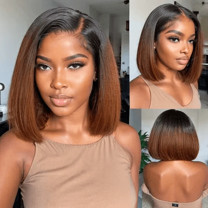 real person hair ring fade-proof twist-Tuneful Glueless 1b/30 Ombre Brown Colored Human Hair Bob Straight Wigs 180% Density