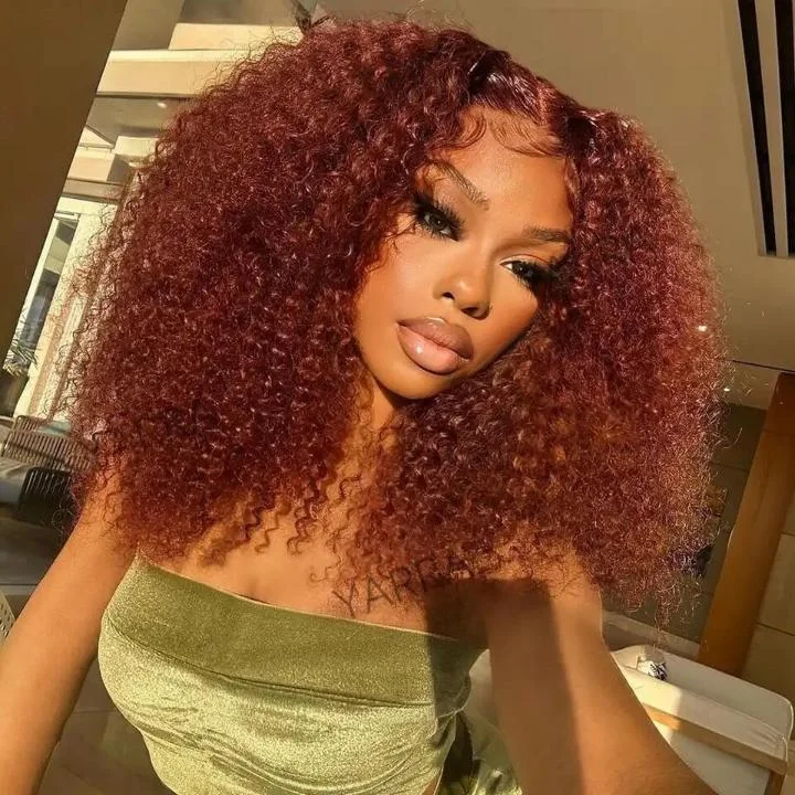 real person hair ring portable pattern-Tuneful Glueless #33 Auburn Colored 13x6 5x5 4x6 Lace Front Closure Human Hair Wigs Kinky Curly Wigs