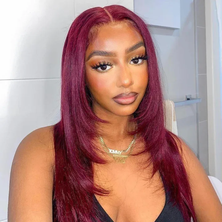 real person hair ring budget twist-Tuneful Glueless 99J Burgundy Layered Lace Front Closure Human Hair Wigs 210% Density