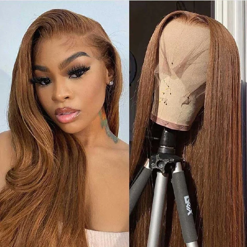 real person hair ring romantic pattern-Tuneful Glueless Honey Brown Colored  Straight 13x6 5x5 4x6 Lace Frontal Closure Human Hair Wigs 180% Density