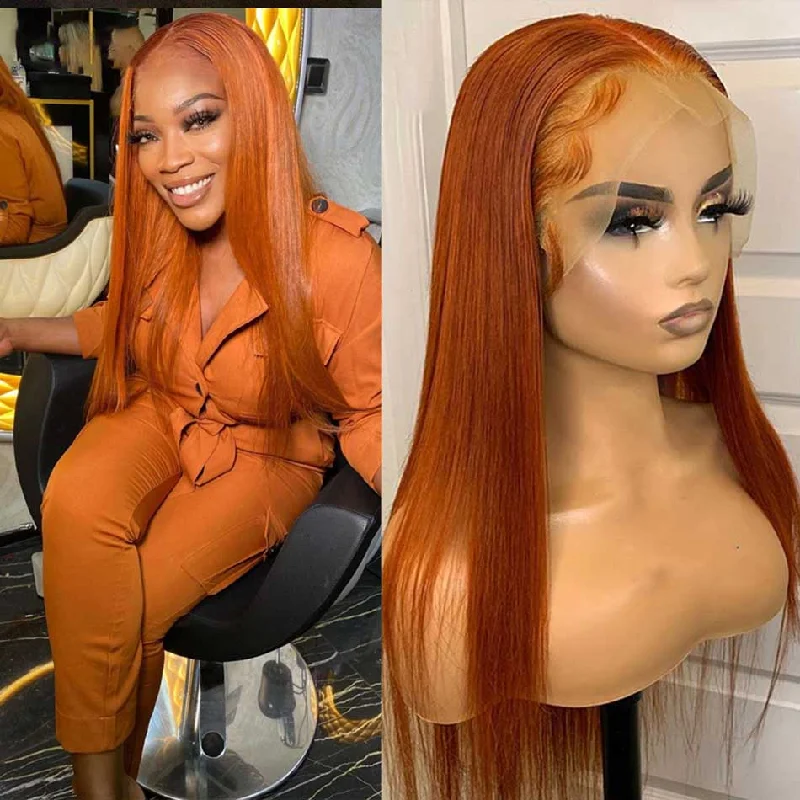 real person hair ring subtle texture-Tuneful Glueless Orange Ginger Colored Straight 13x6 5x5 4x6 Lace Front Closure Human Hair Wigs 180% Density