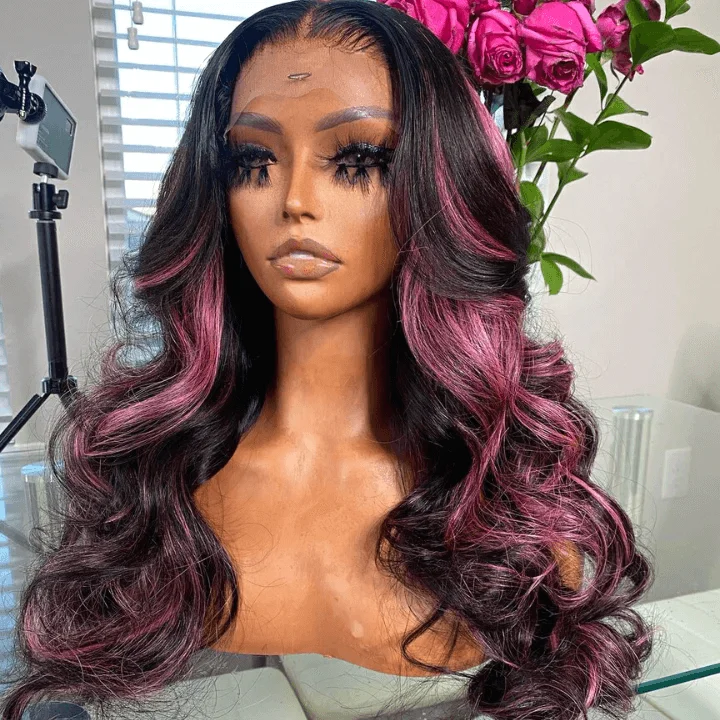 real person hair ring online twist-Tuneful Glueless Purple Pink Highlight Colored 13x6 5x5 4x6 Lace Front Closure Human Hair Wig 180% Density