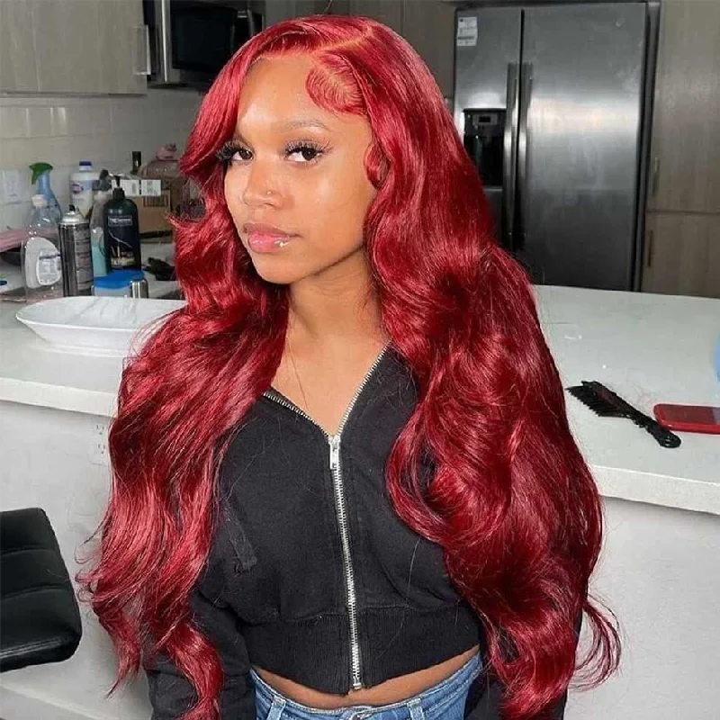 real person hair ring heritage weave-Tuneful Glueless Reddish Burgundy Color 13x6 5x5 4x6 Lace Front Closure Human Hair Wigs Body Wave Wig 180% Density