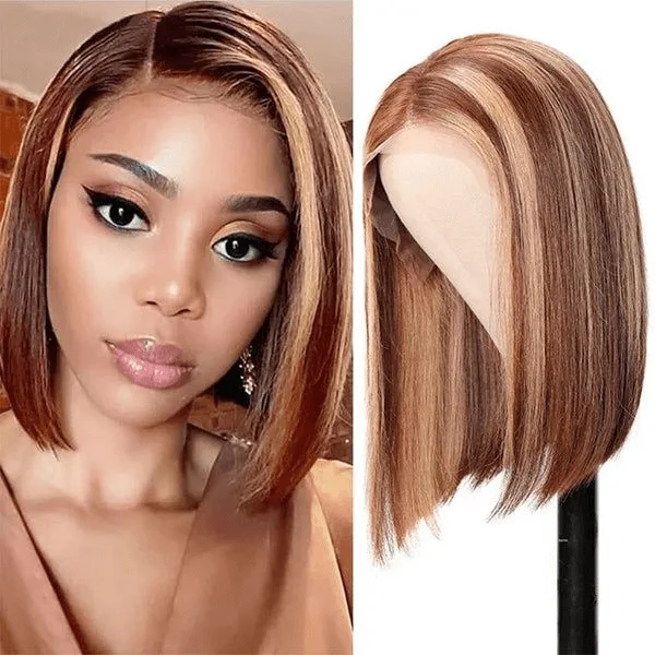 real person hair ring destination weave-Tuneful Glueless Highlight Bob Wigs Colored Human Hair Straight Frontal Closure Wig 180% Density