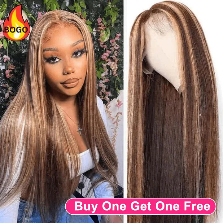 real person hair ring premium craft-Tuneful Honey Blonde Highlight Colored Straight 13x6 Lace Frontal Human Hair 180% Density Wigs Bogo Deal