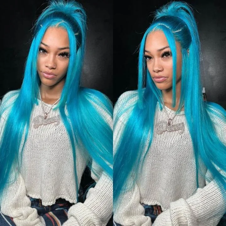 real person hair ring pop-up pattern-Tuneful Special Customise Blue Colored 13x4 13x6 HD Lace Front Human Hair 613 Frontal Wigs 210% Density