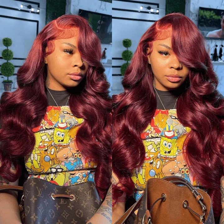 real person hair ring wedding twist-Tuneful Super Deal 99j Burgundy Colored 13x6 Lace Frontal Human Hair Wigs Body Wave Wigs