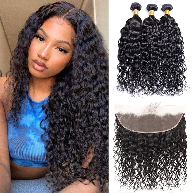 real person hair ring trendy weave-14A Water Wave Hair 3 Bundles With 13x4 Lace Frontal 100% Virgin Human Hair Extensions