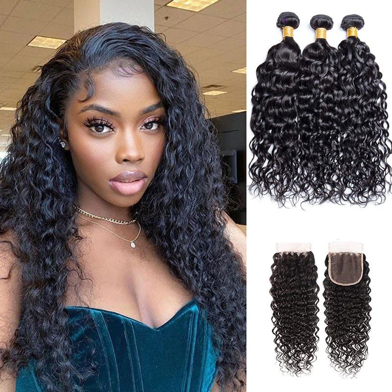 real person hair ring everyday pattern-14A Water Wave Hair 3 Bundles with 4x4 Lace Closure 100% Virgin Human Hair